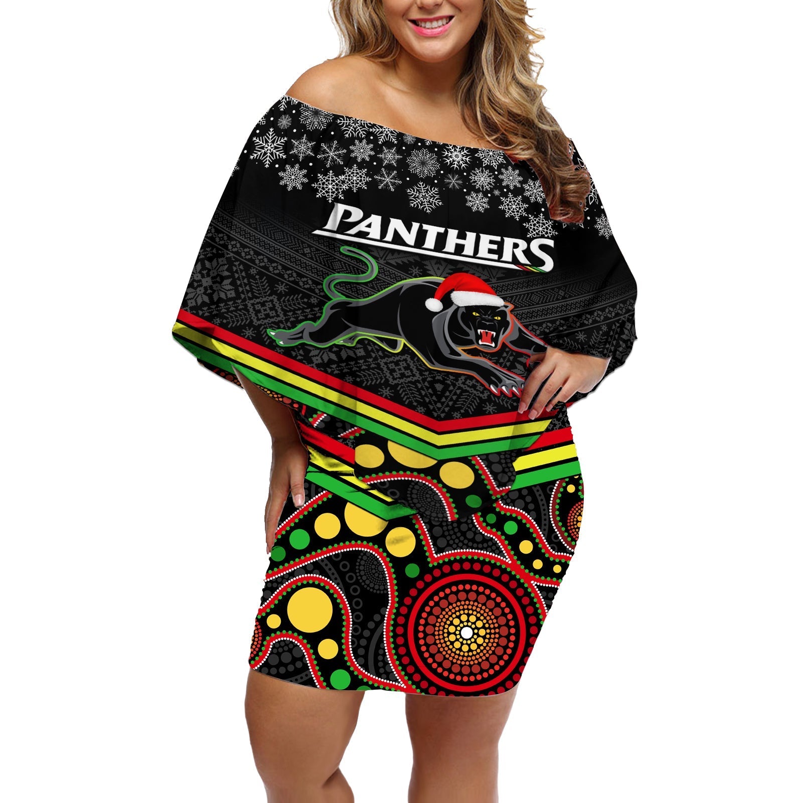 custom-panthers-rugby-christmas-off-shoulder-short-dress-merry-xmas-2023-mix-aboriginal-art-black-version