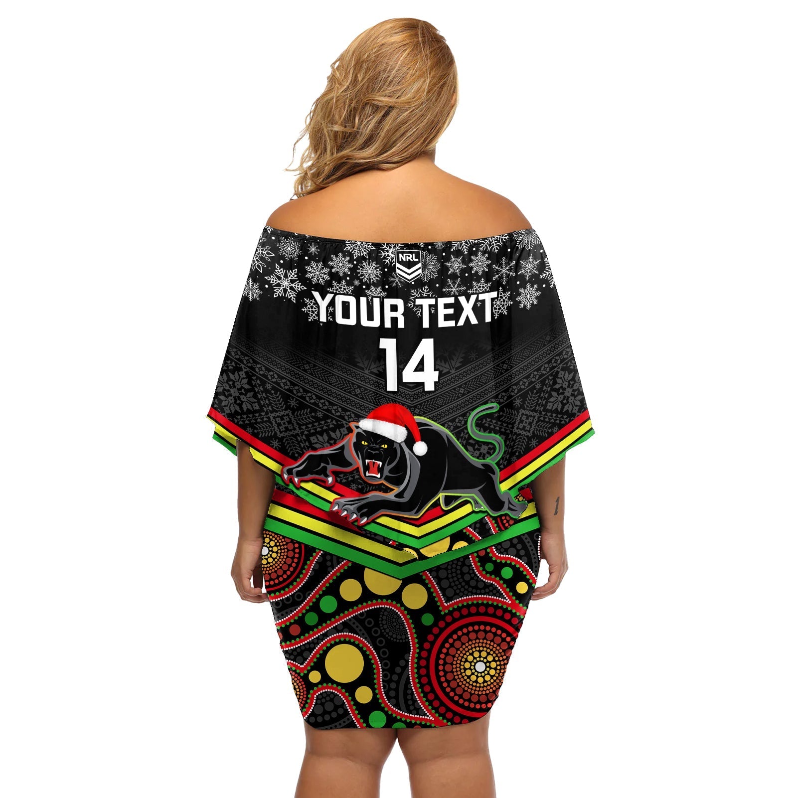 custom-panthers-rugby-christmas-off-shoulder-short-dress-merry-xmas-2023-mix-aboriginal-art-black-version