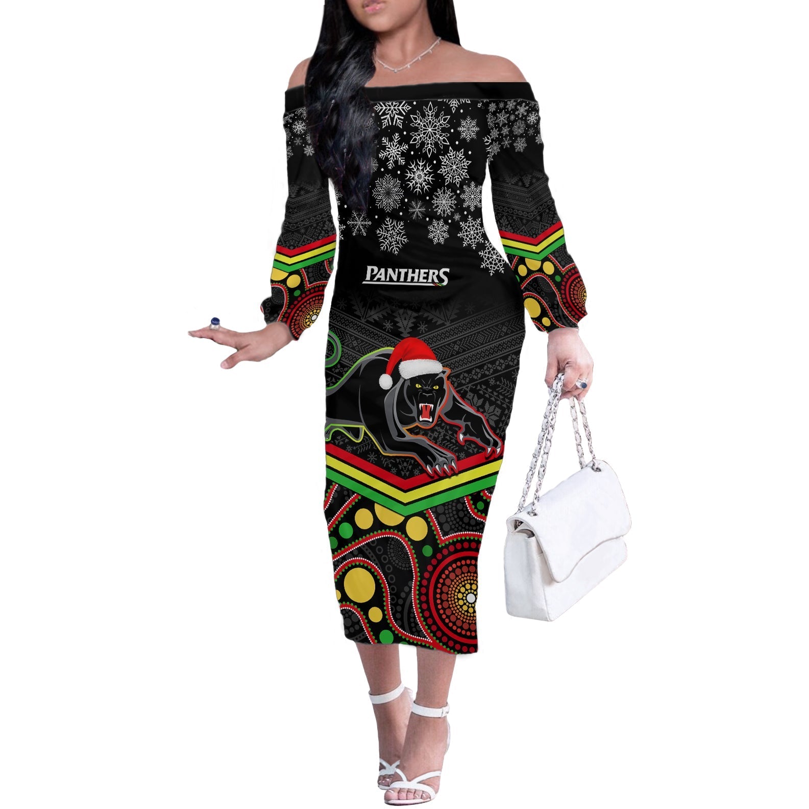 custom-panthers-rugby-christmas-off-the-shoulder-long-sleeve-dress-merry-xmas-2023-mix-aboriginal-art-black-version