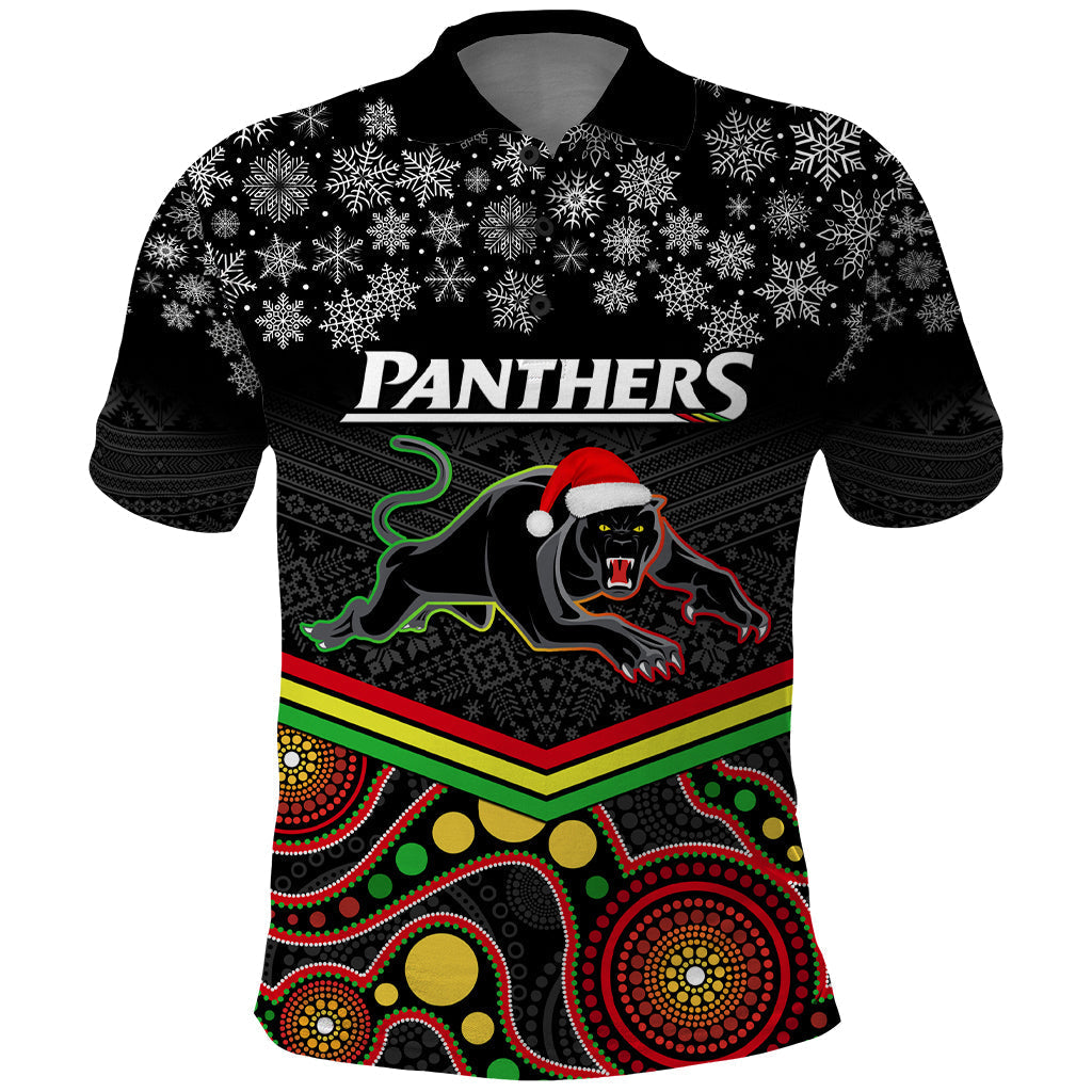 Custom Panthers Rugby Christmas Polo Shirt Merry Xmas 2023 Mix Aboriginal Art Black Version - Vibe Hoodie Shop