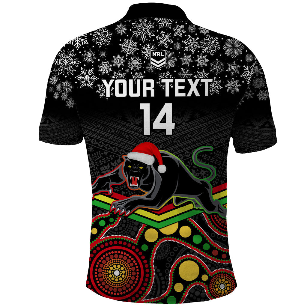 Custom Panthers Rugby Christmas Polo Shirt Merry Xmas 2023 Mix Aboriginal Art Black Version - Vibe Hoodie Shop