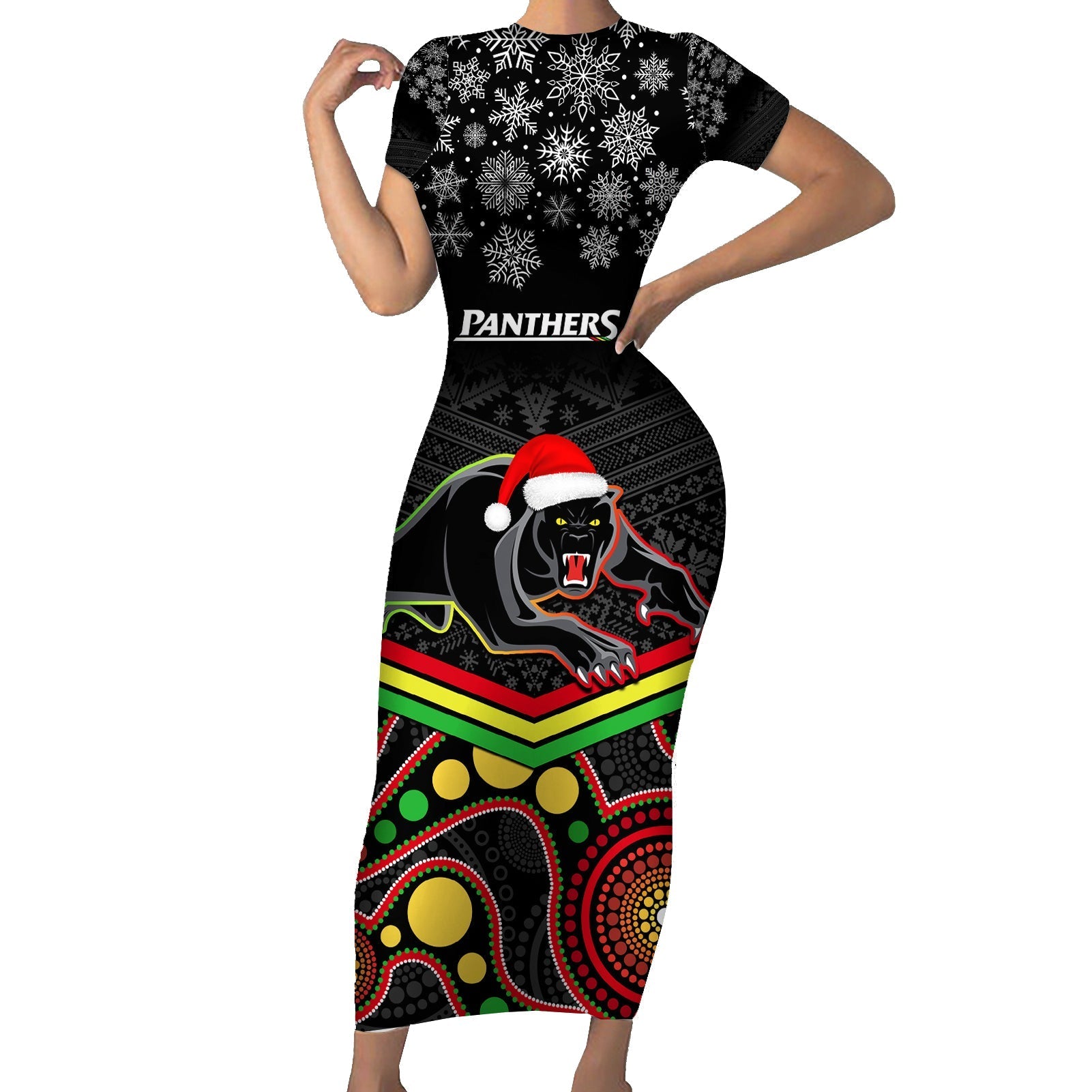 custom-panthers-rugby-christmas-short-sleeve-bodycon-dress-merry-xmas-2023-mix-aboriginal-art-black-version