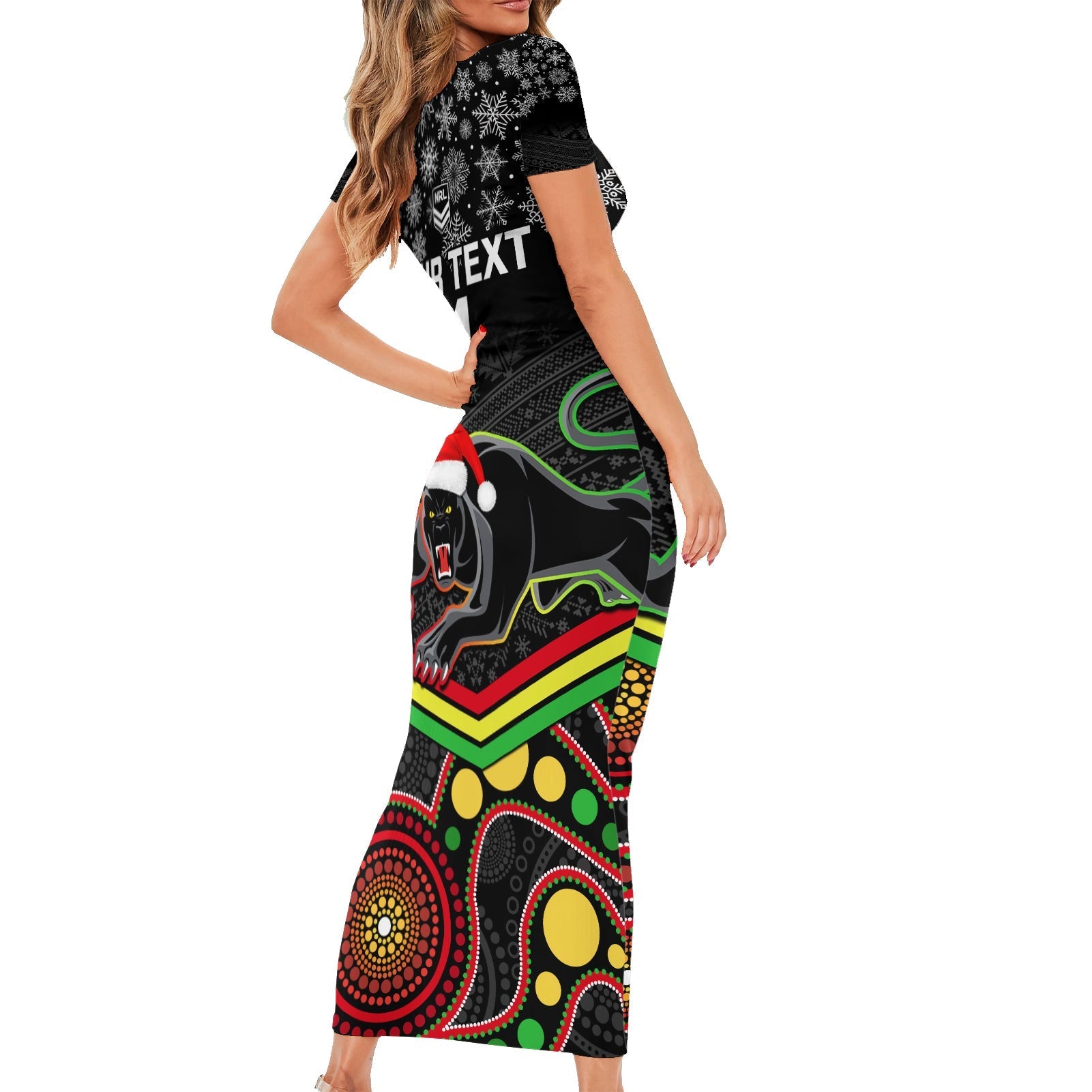 custom-panthers-rugby-christmas-short-sleeve-bodycon-dress-merry-xmas-2023-mix-aboriginal-art-black-version