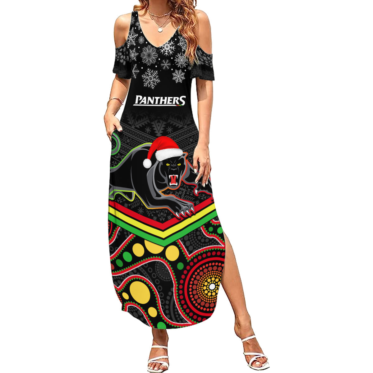 custom-panthers-rugby-christmas-summer-maxi-dress-merry-xmas-2023-mix-aboriginal-art-black-version