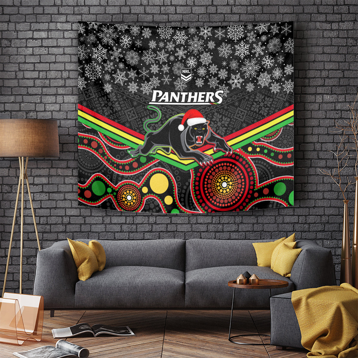 Panthers Rugby Christmas Tapestry Merry Xmas 2023 Mix Aboriginal Art Black Version - Vibe Hoodie Shop