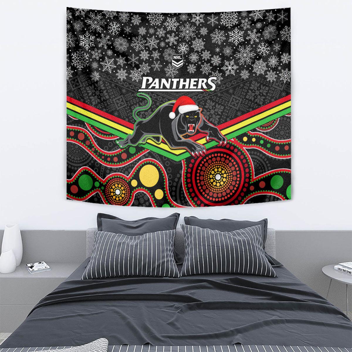 Panthers Rugby Christmas Tapestry Merry Xmas 2023 Mix Aboriginal Art Black Version - Vibe Hoodie Shop