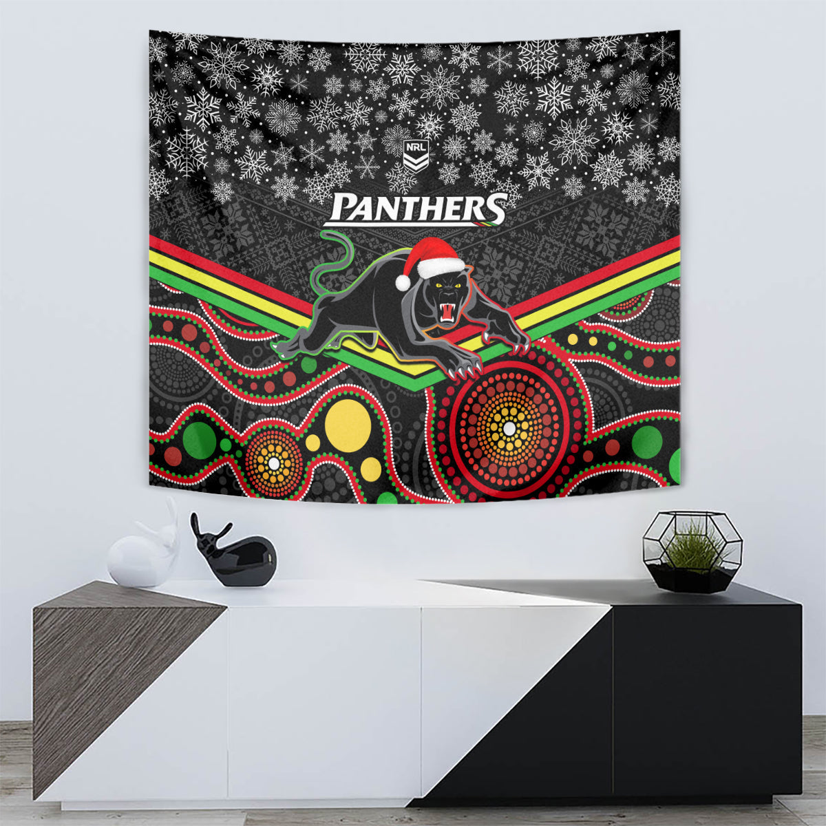 Panthers Rugby Christmas Tapestry Merry Xmas 2023 Mix Aboriginal Art Black Version - Vibe Hoodie Shop