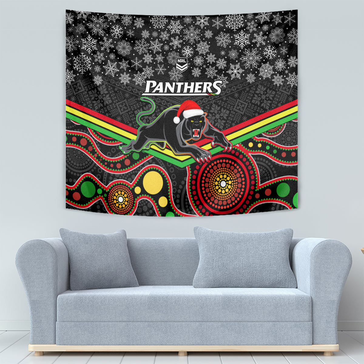 Panthers Rugby Christmas Tapestry Merry Xmas 2023 Mix Aboriginal Art Black Version - Vibe Hoodie Shop