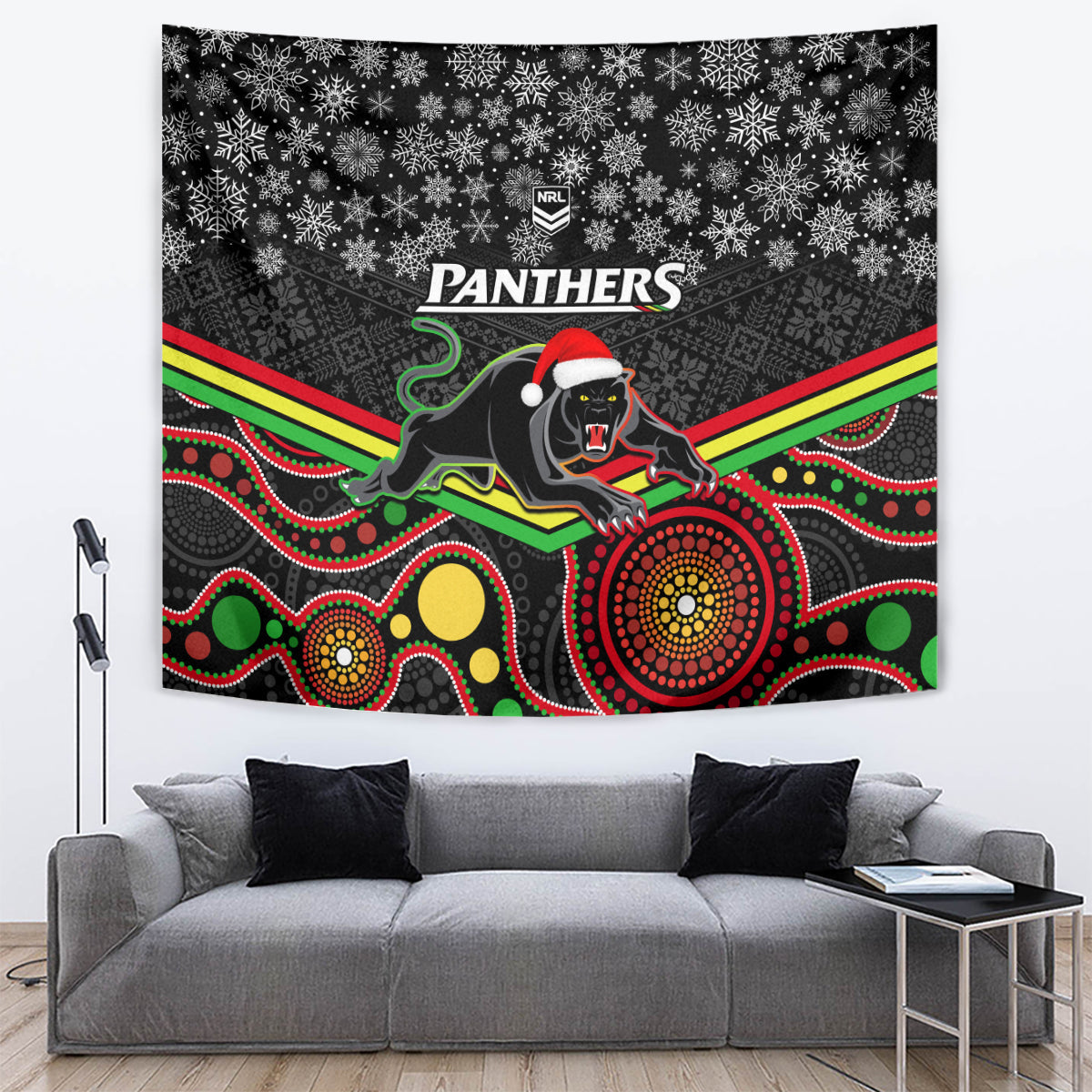 Panthers Rugby Christmas Tapestry Merry Xmas 2023 Mix Aboriginal Art Black Version - Vibe Hoodie Shop