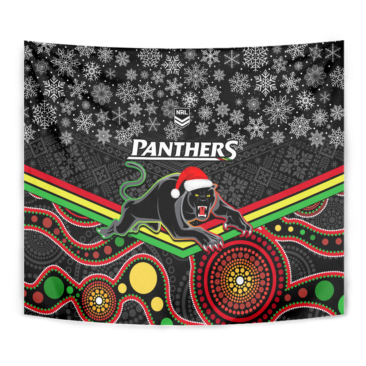 Panthers Rugby Christmas Tapestry Merry Xmas 2023 Mix Aboriginal Art Black Version - Vibe Hoodie Shop