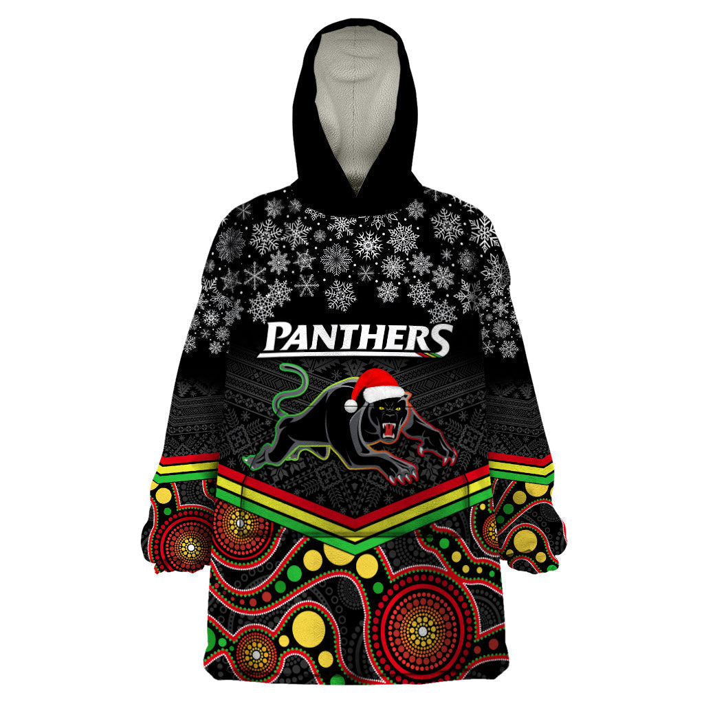 Custom Panthers Rugby Christmas Wearable Blanket Hoodie Merry Xmas 2023 Mix Aboriginal Art Black Version - Vibe Hoodie Shop