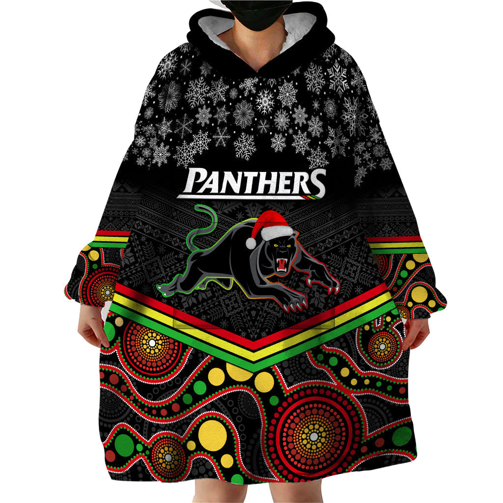 Custom Panthers Rugby Christmas Wearable Blanket Hoodie Merry Xmas 2023 Mix Aboriginal Art Black Version - Vibe Hoodie Shop