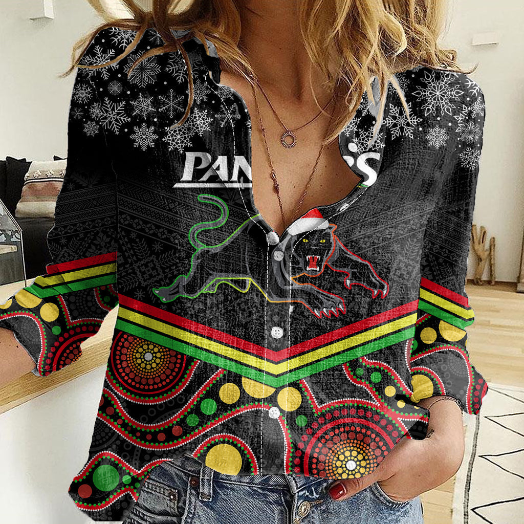 Custom Panthers Rugby Christmas Women Casual Shirt Merry Xmas 2023 Mix Aboriginal Art Black Version - Vibe Hoodie Shop