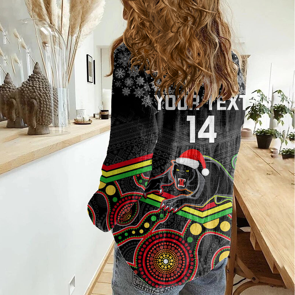 Custom Panthers Rugby Christmas Women Casual Shirt Merry Xmas 2023 Mix Aboriginal Art Black Version - Vibe Hoodie Shop