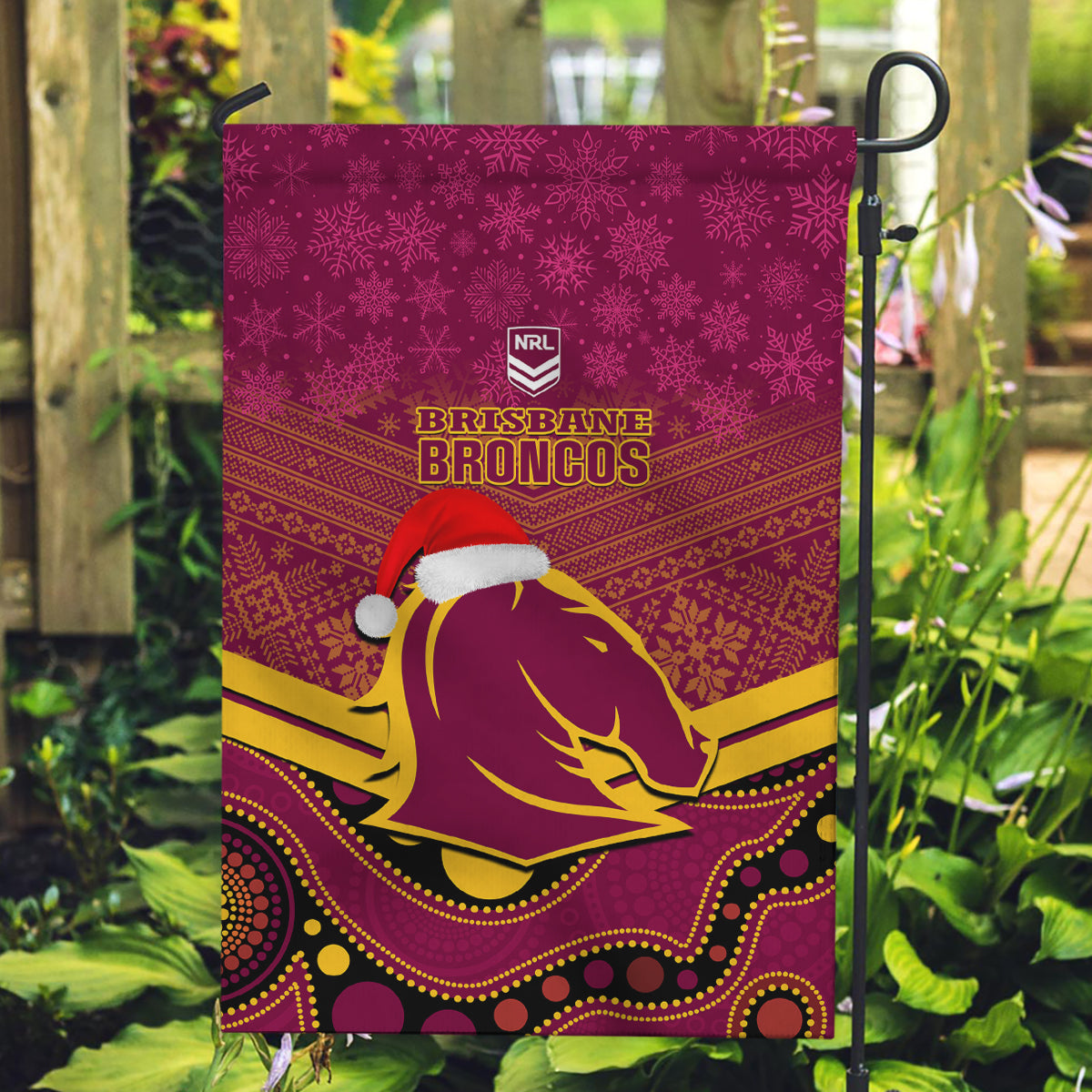 Brisbane Broncos Rugby Christmas Garden Flag Merry Xmas 2023 Mix Aboriginal Art - Vibe Hoodie Shop