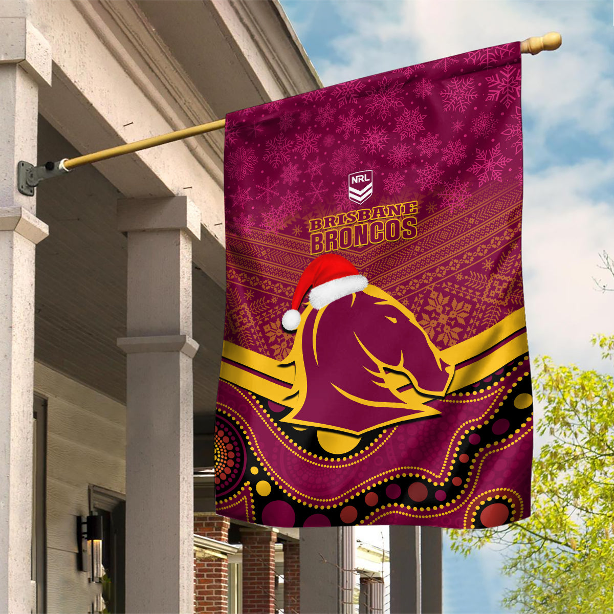 Brisbane Broncos Rugby Christmas Garden Flag Merry Xmas 2023 Mix Aboriginal Art - Vibe Hoodie Shop