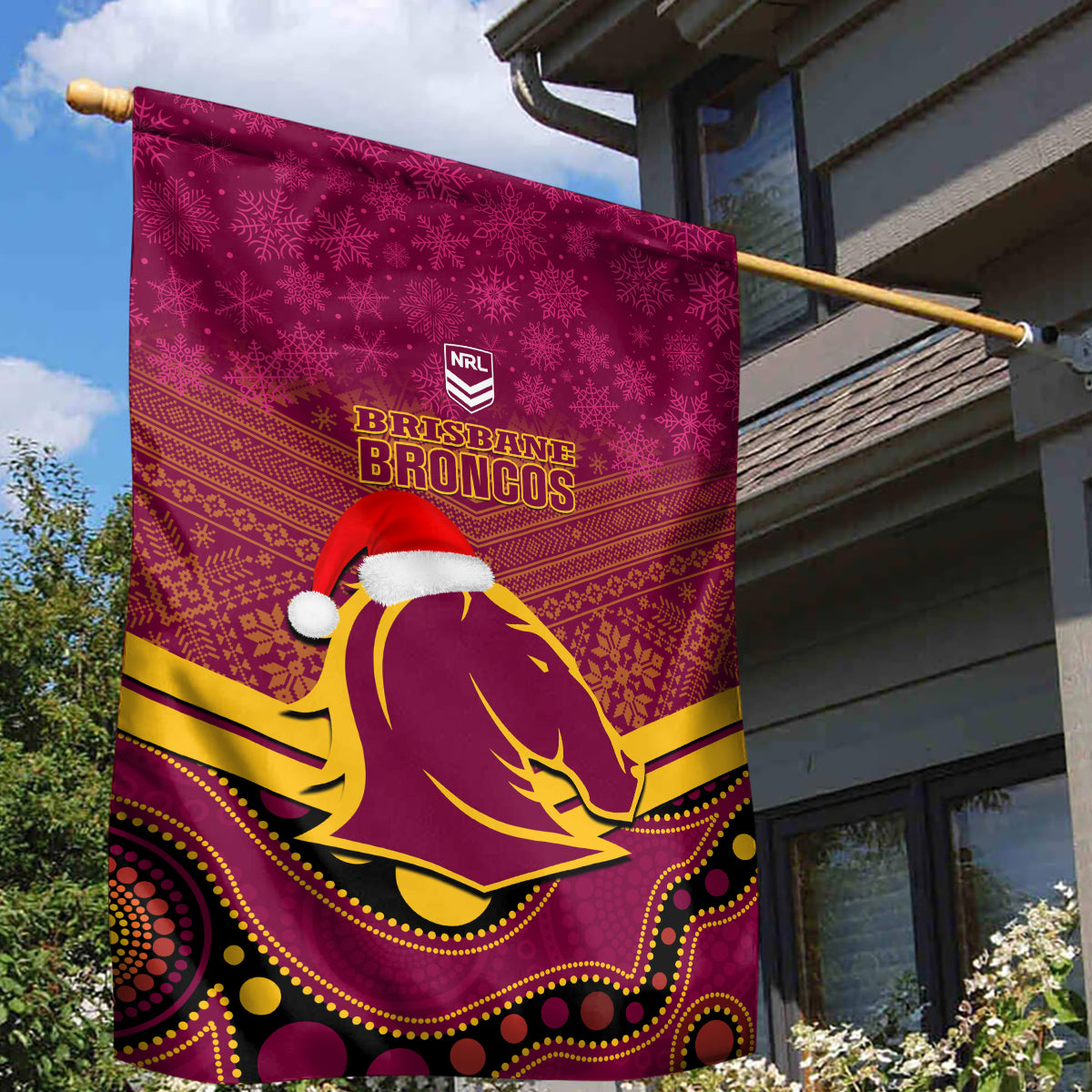 Brisbane Broncos Rugby Christmas Garden Flag Merry Xmas 2023 Mix Aboriginal Art - Vibe Hoodie Shop