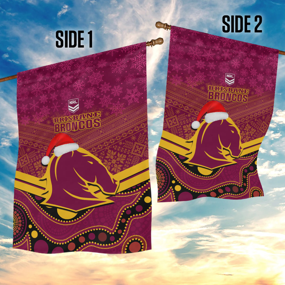 Brisbane Broncos Rugby Christmas Garden Flag Merry Xmas 2023 Mix Aboriginal Art - Vibe Hoodie Shop