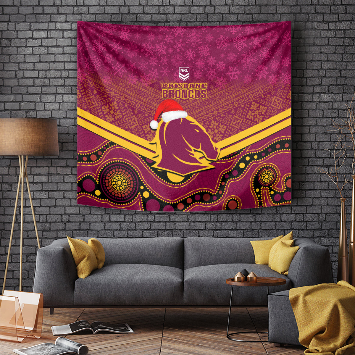 Brisbane Broncos Rugby Christmas Tapestry Merry Xmas 2023 Mix Aboriginal Art - Vibe Hoodie Shop