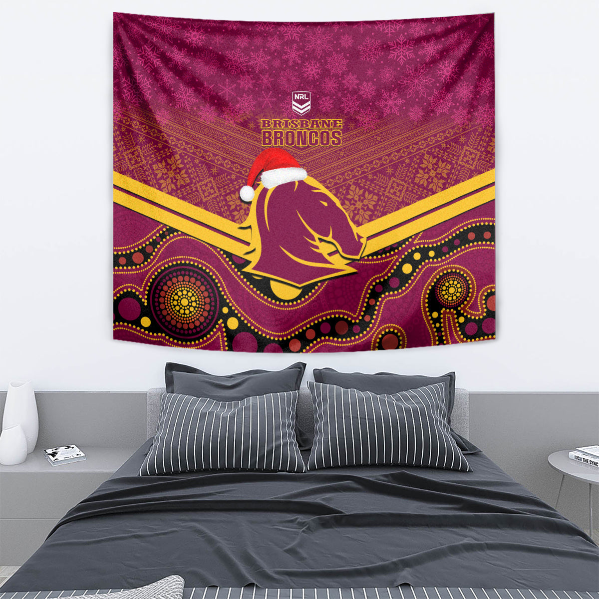 Brisbane Broncos Rugby Christmas Tapestry Merry Xmas 2023 Mix Aboriginal Art - Vibe Hoodie Shop