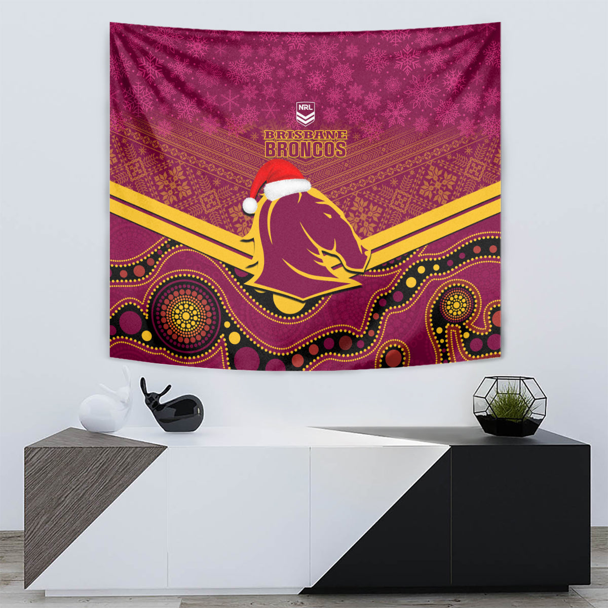 Brisbane Broncos Rugby Christmas Tapestry Merry Xmas 2023 Mix Aboriginal Art - Vibe Hoodie Shop