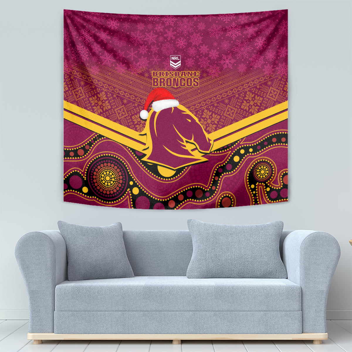 Brisbane Broncos Rugby Christmas Tapestry Merry Xmas 2023 Mix Aboriginal Art - Vibe Hoodie Shop