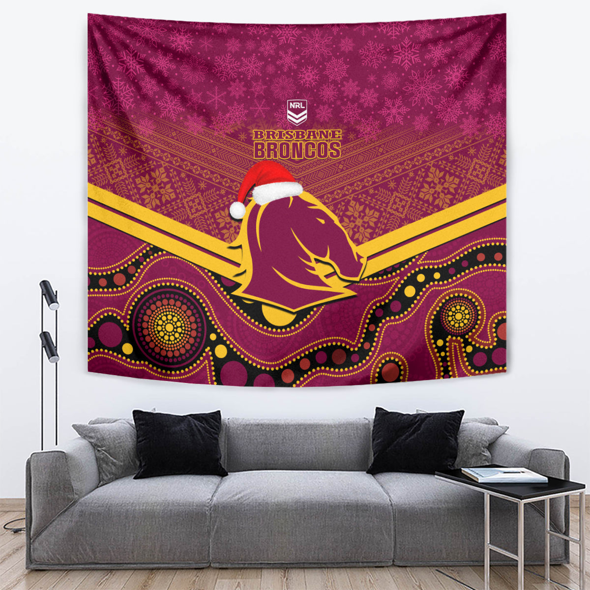 Brisbane Broncos Rugby Christmas Tapestry Merry Xmas 2023 Mix Aboriginal Art - Vibe Hoodie Shop