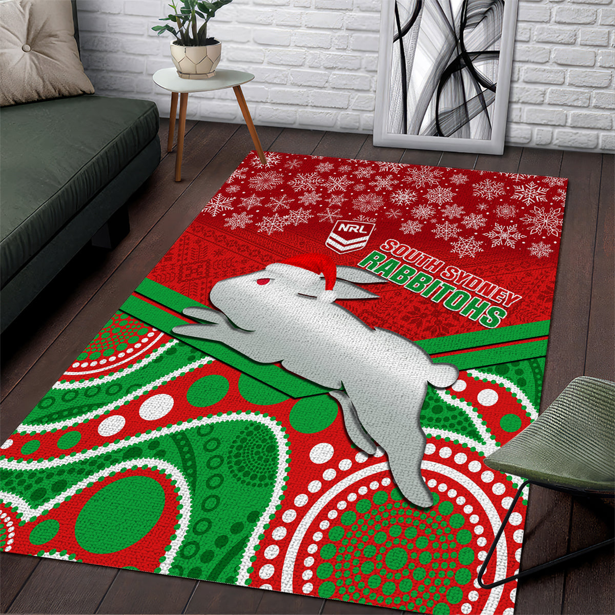 Rabbitohs Rugby Christmas Area Rug Merry Xmas 2023 Mix Aboriginal Art - Vibe Hoodie Shop