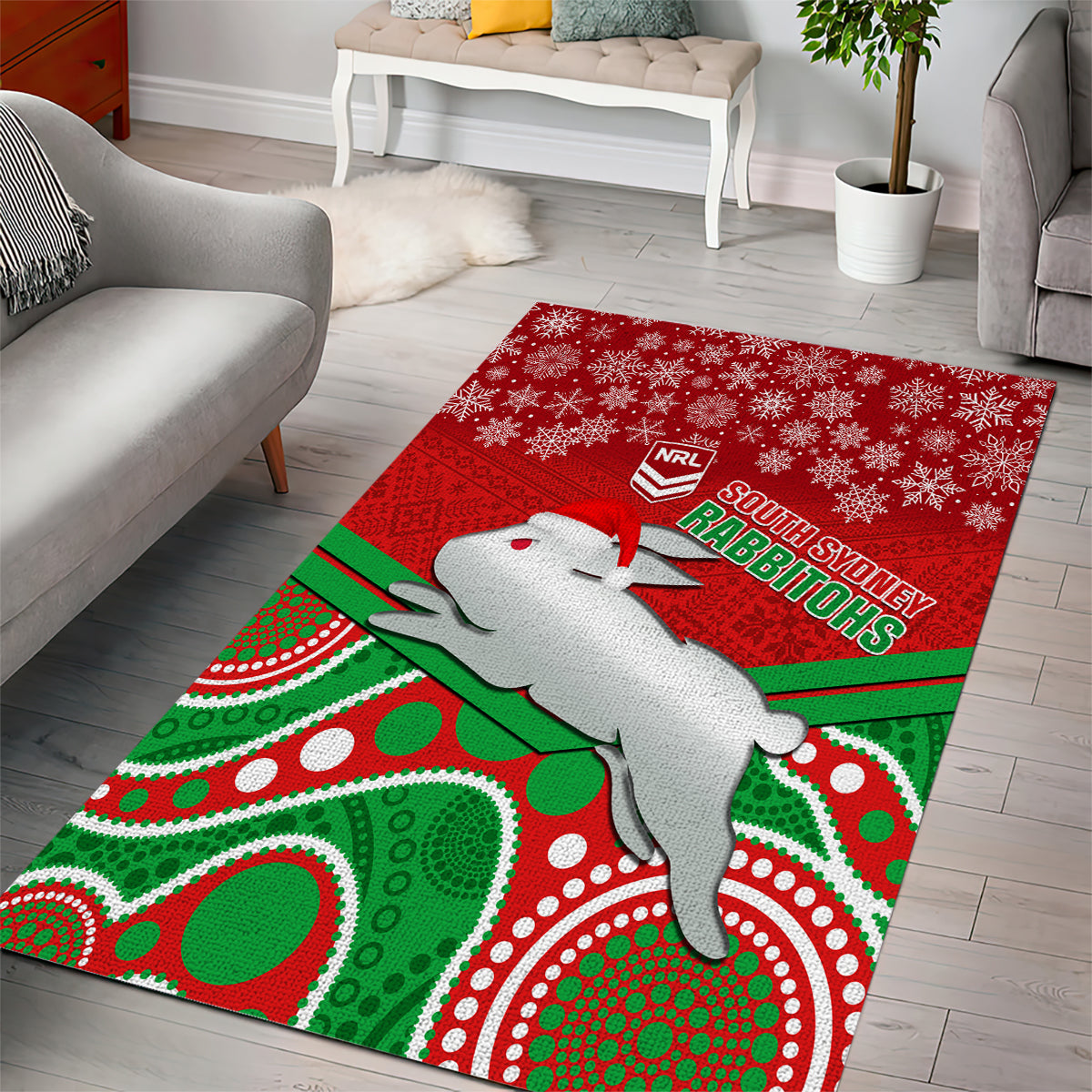 Rabbitohs Rugby Christmas Area Rug Merry Xmas 2023 Mix Aboriginal Art - Vibe Hoodie Shop