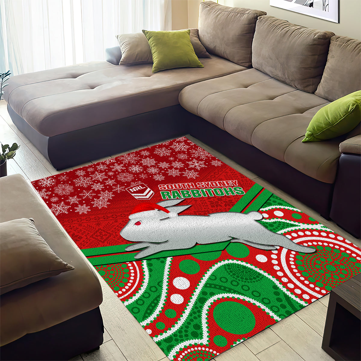 Rabbitohs Rugby Christmas Area Rug Merry Xmas 2023 Mix Aboriginal Art - Vibe Hoodie Shop