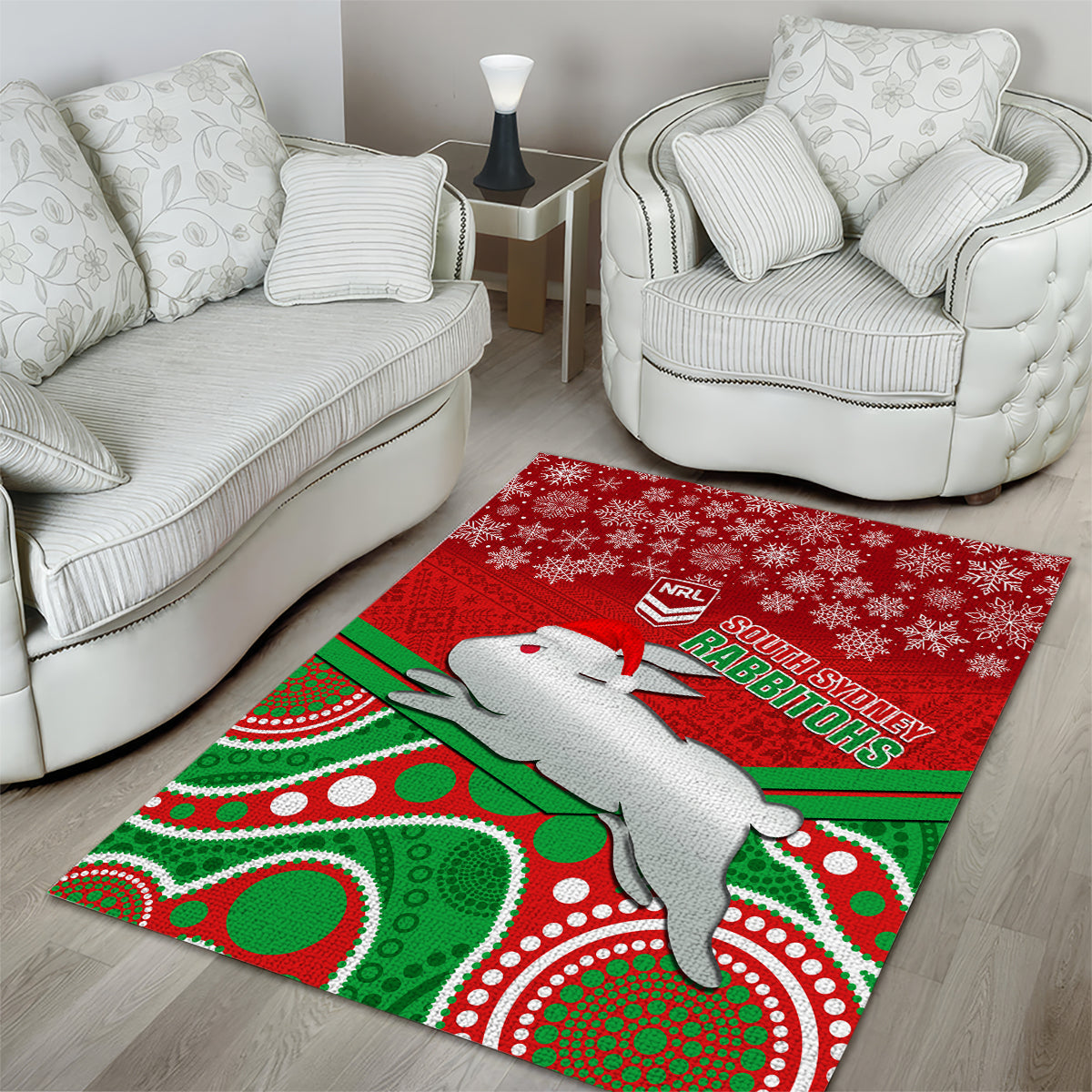 Rabbitohs Rugby Christmas Area Rug Merry Xmas 2023 Mix Aboriginal Art - Vibe Hoodie Shop