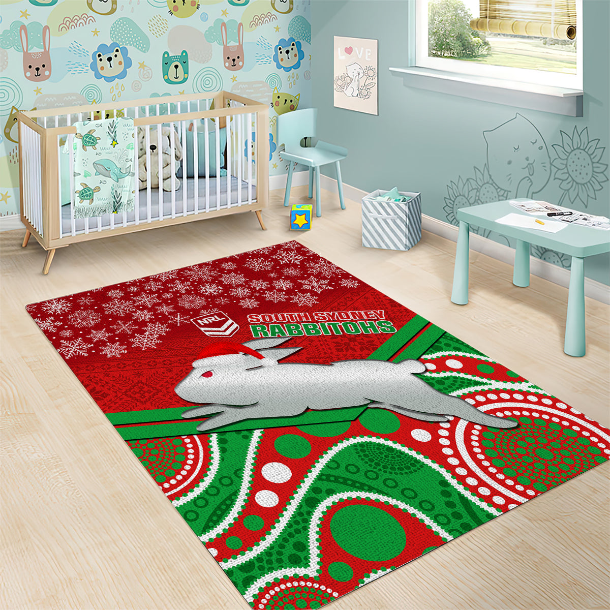 Rabbitohs Rugby Christmas Area Rug Merry Xmas 2023 Mix Aboriginal Art - Vibe Hoodie Shop