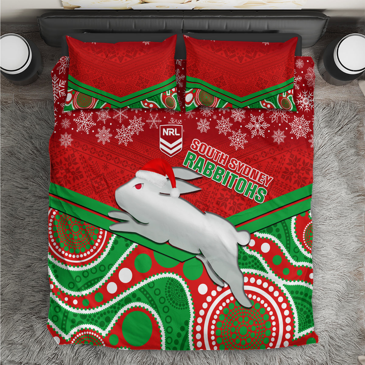Rabbitohs Rugby Christmas Bedding Set Merry Xmas 2023 Mix Aboriginal Art - Vibe Hoodie Shop