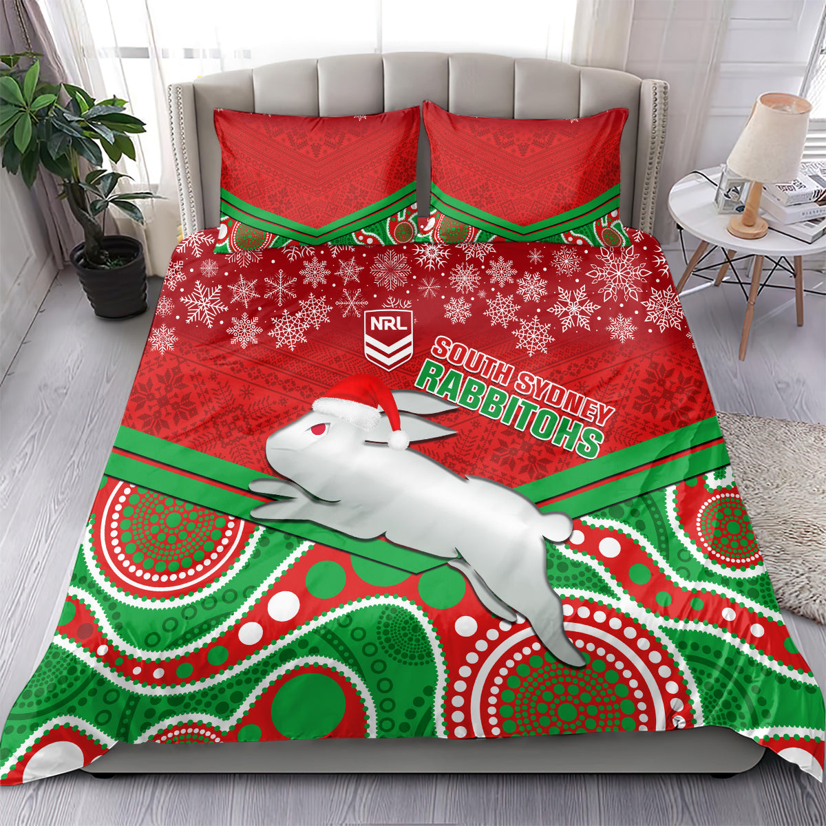 Rabbitohs Rugby Christmas Bedding Set Merry Xmas 2023 Mix Aboriginal Art - Vibe Hoodie Shop