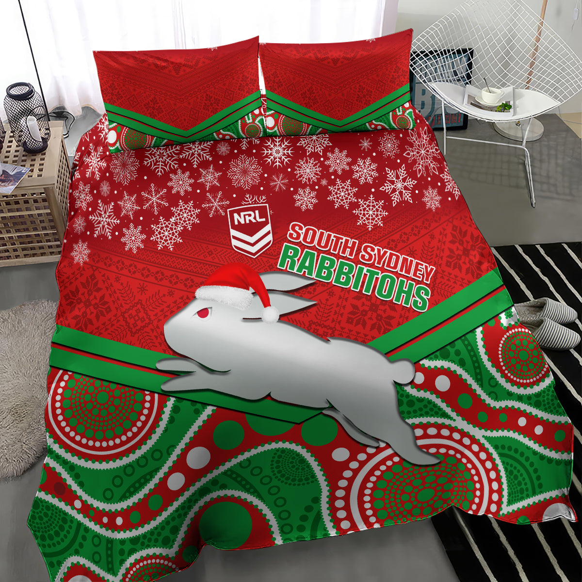 Rabbitohs Rugby Christmas Bedding Set Merry Xmas 2023 Mix Aboriginal Art - Vibe Hoodie Shop