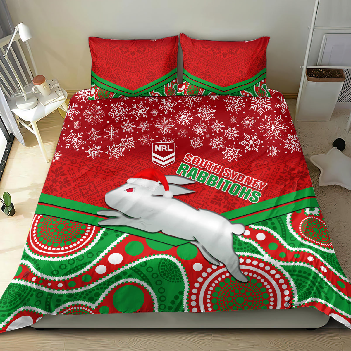 Rabbitohs Rugby Christmas Bedding Set Merry Xmas 2023 Mix Aboriginal Art - Vibe Hoodie Shop