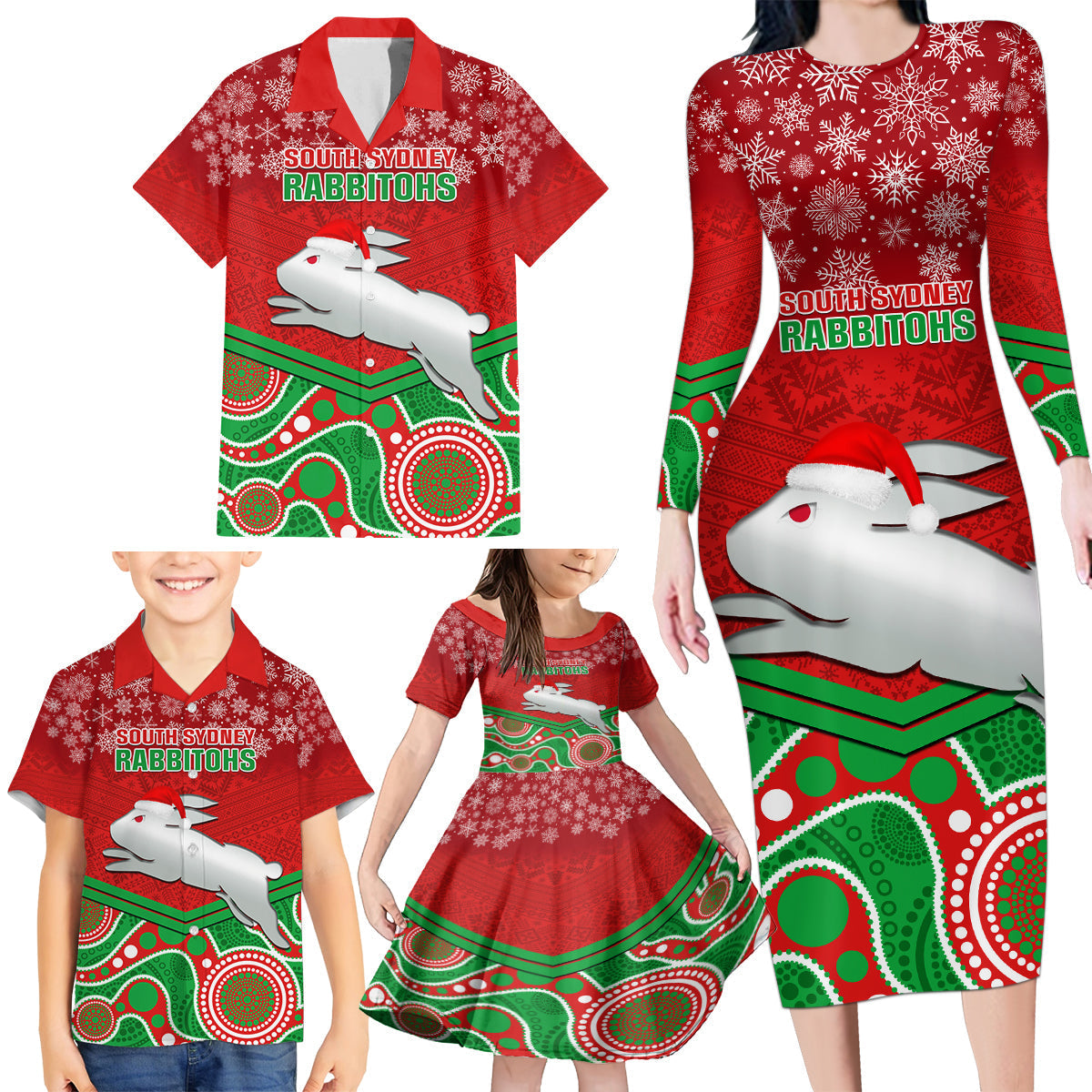 custom-rabbitohs-rugby-christmas-family-matching-long-sleeve-bodycon-dress-and-hawaiian-shirt-merry-xmas-2023-mix-aboriginal-art