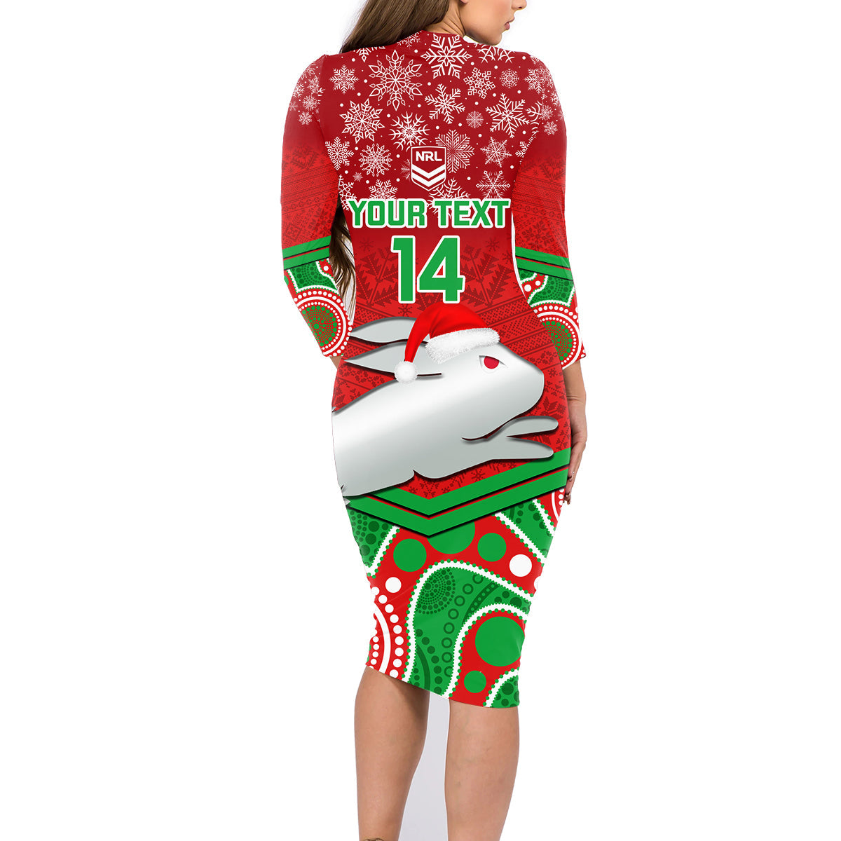 custom-rabbitohs-rugby-christmas-family-matching-long-sleeve-bodycon-dress-and-hawaiian-shirt-merry-xmas-2023-mix-aboriginal-art