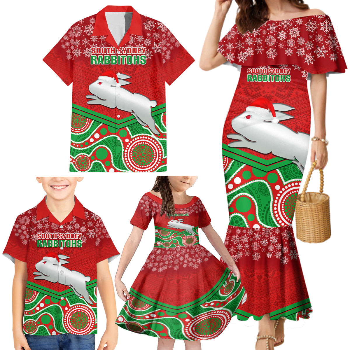 custom-rabbitohs-rugby-christmas-family-matching-mermaid-dress-and-hawaiian-shirt-merry-xmas-2023-mix-aboriginal-art