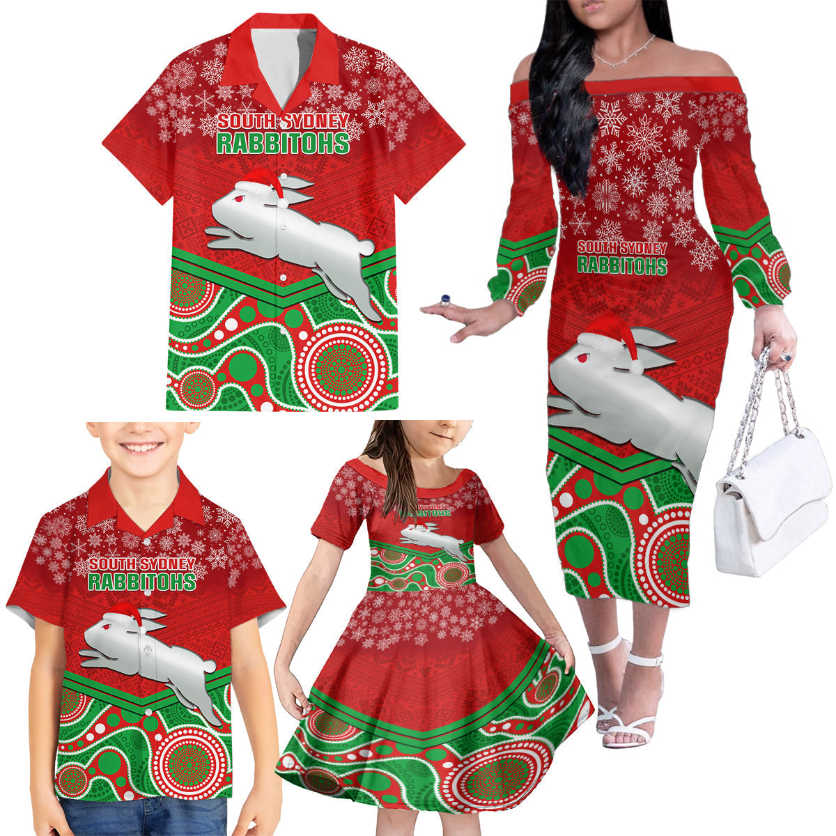 custom-rabbitohs-rugby-christmas-family-matching-off-shoulder-long-sleeve-dress-and-hawaiian-shirt-merry-xmas-2023-mix-aboriginal-art