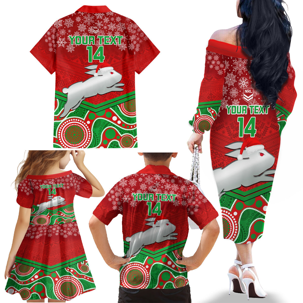 custom-rabbitohs-rugby-christmas-family-matching-off-shoulder-long-sleeve-dress-and-hawaiian-shirt-merry-xmas-2023-mix-aboriginal-art