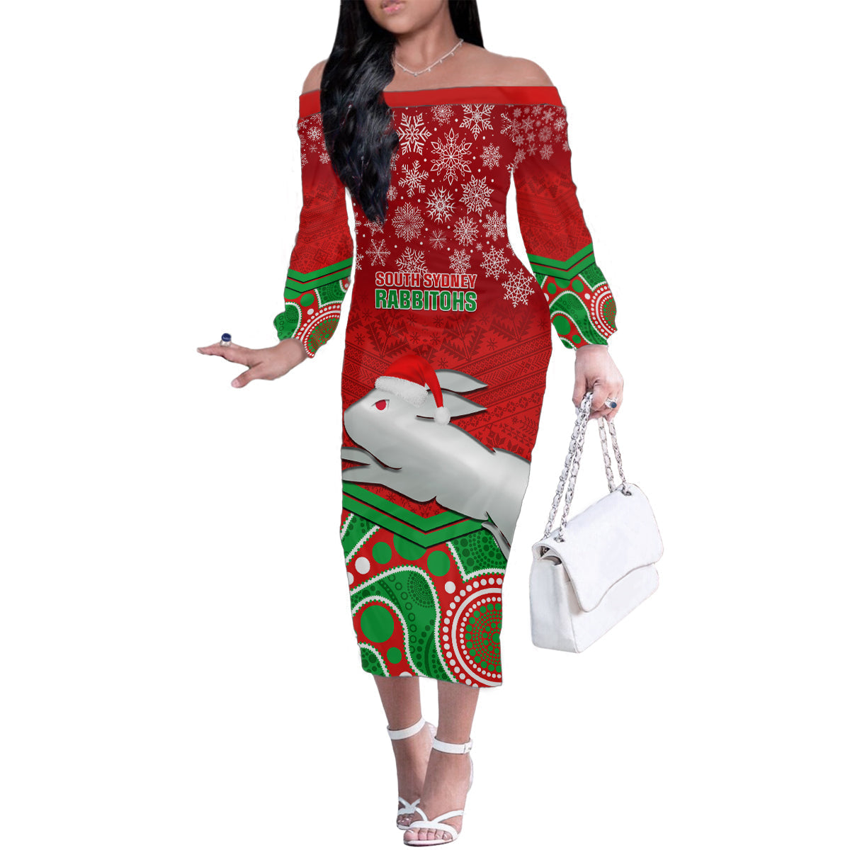 custom-rabbitohs-rugby-christmas-family-matching-off-shoulder-long-sleeve-dress-and-hawaiian-shirt-merry-xmas-2023-mix-aboriginal-art