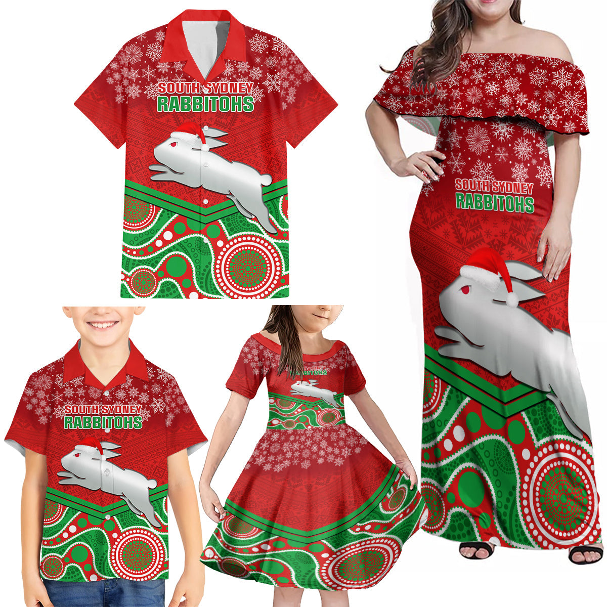 custom-rabbitohs-rugby-christmas-family-matching-off-shoulder-maxi-dress-and-hawaiian-shirt-merry-xmas-2023-mix-aboriginal-art