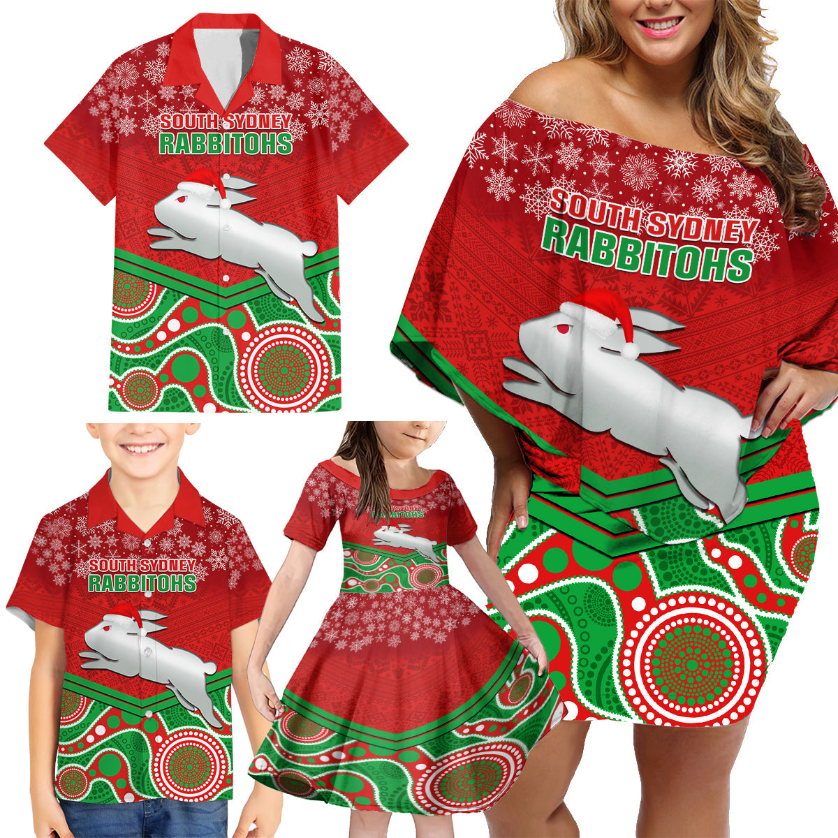 custom-rabbitohs-rugby-christmas-family-matching-off-shoulder-short-dress-and-hawaiian-shirt-merry-xmas-2023-mix-aboriginal-art