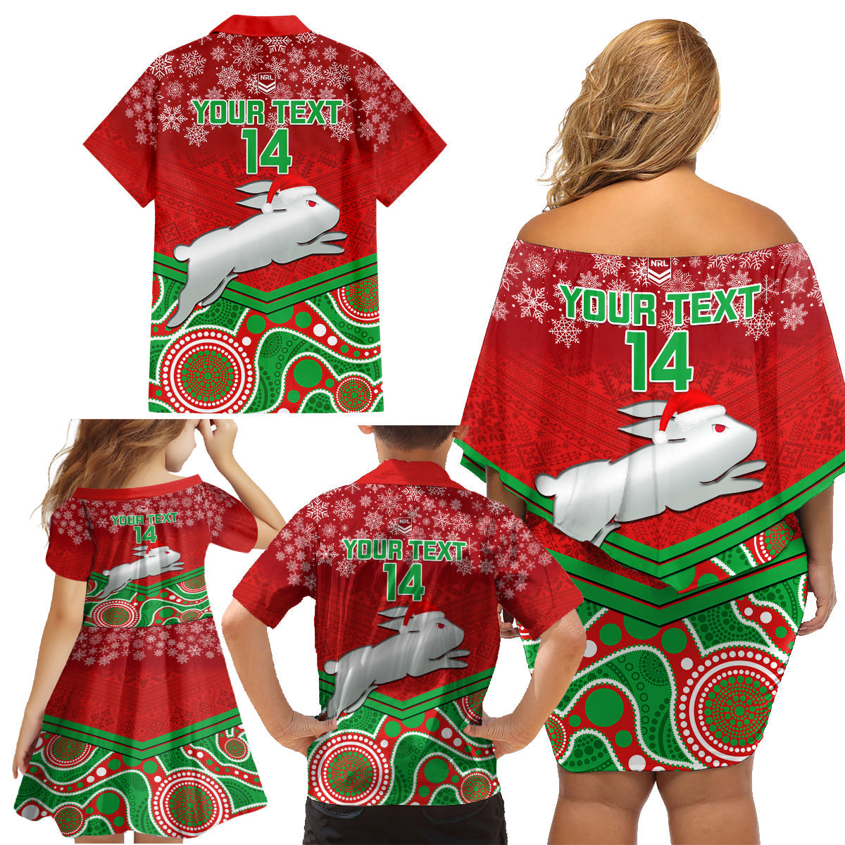 custom-rabbitohs-rugby-christmas-family-matching-off-shoulder-short-dress-and-hawaiian-shirt-merry-xmas-2023-mix-aboriginal-art