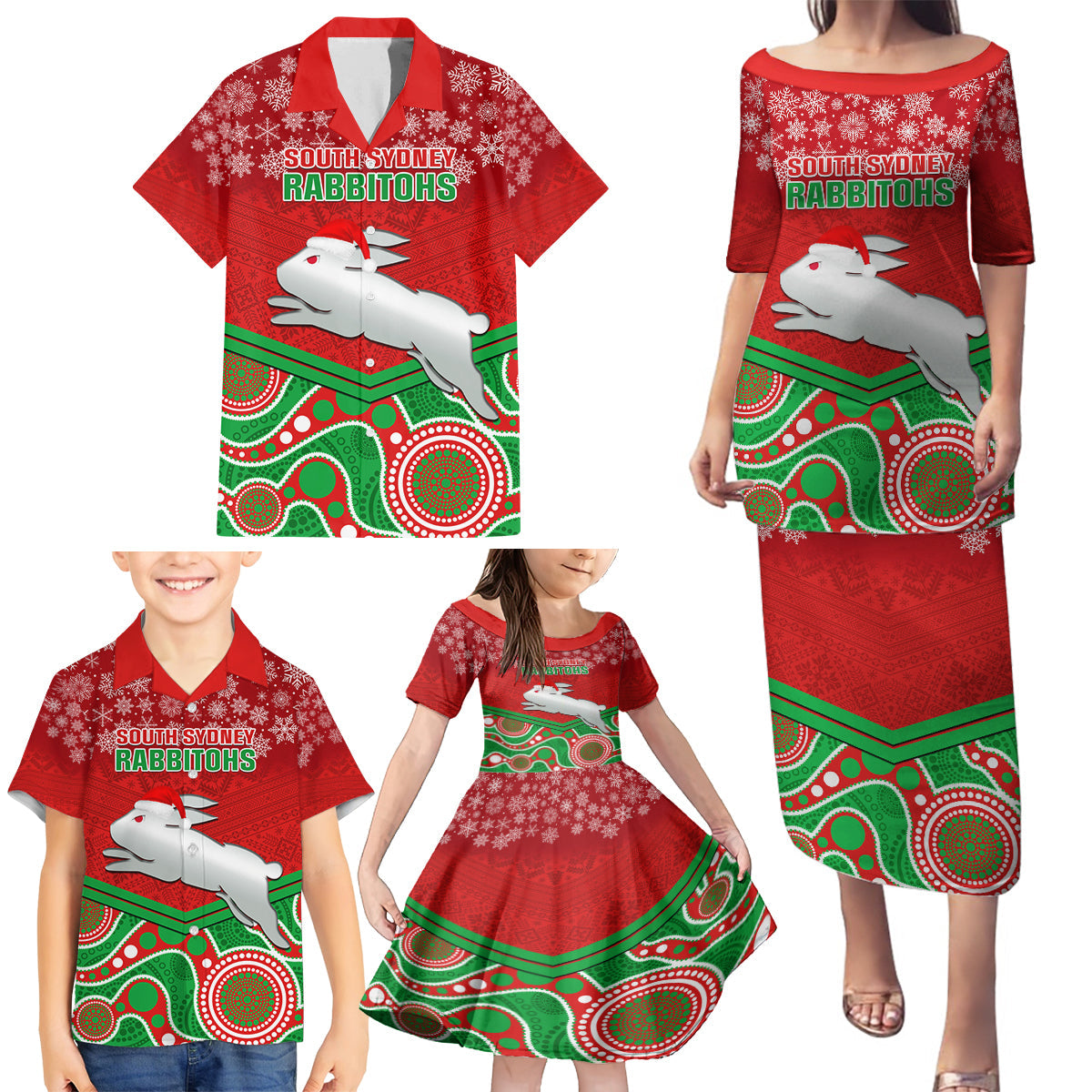 custom-rabbitohs-rugby-christmas-family-matching-puletasi-dress-and-hawaiian-shirt-merry-xmas-2023-mix-aboriginal-art