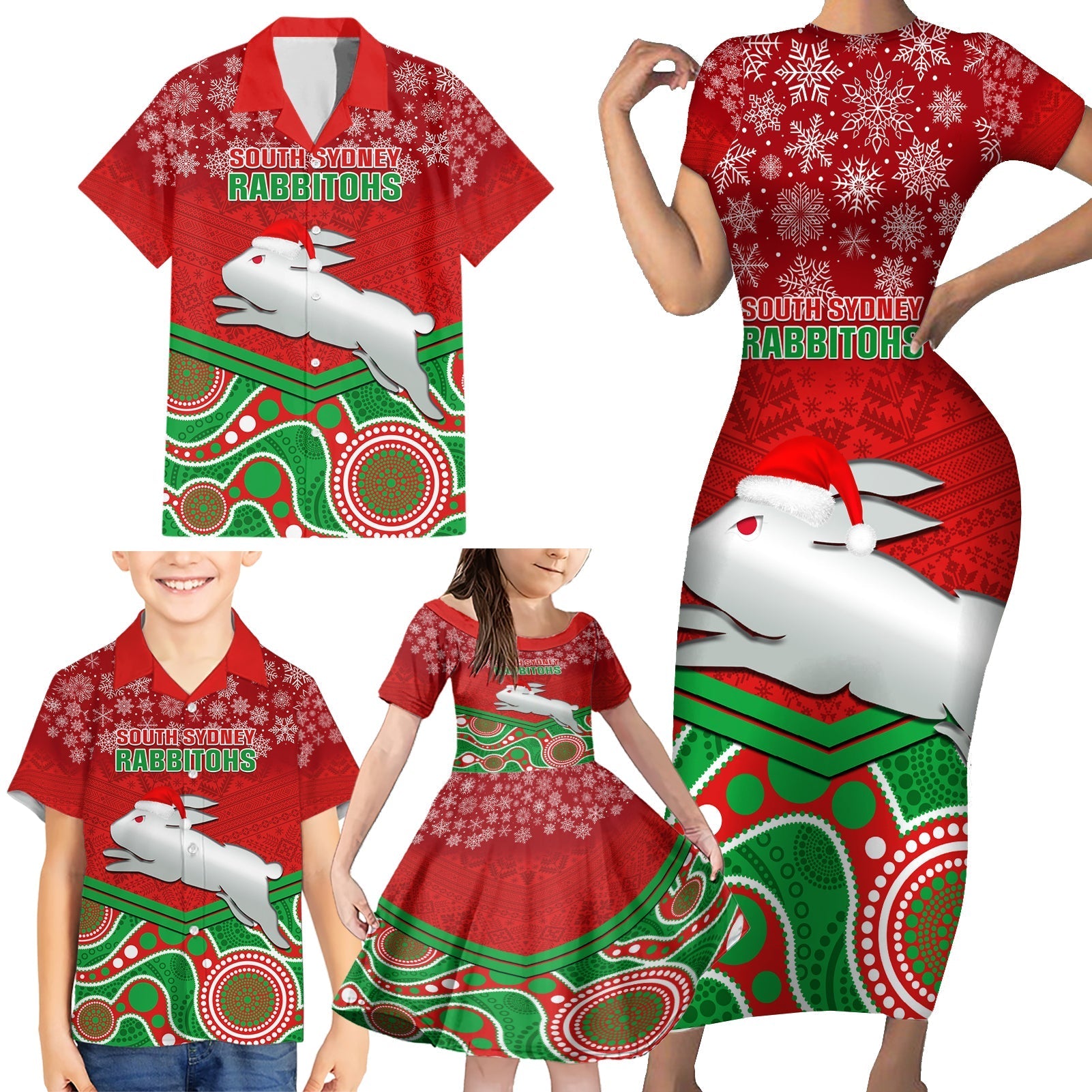 custom-rabbitohs-rugby-christmas-family-matching-short-sleeve-bodycon-dress-and-hawaiian-shirt-merry-xmas-2023-mix-aboriginal-art