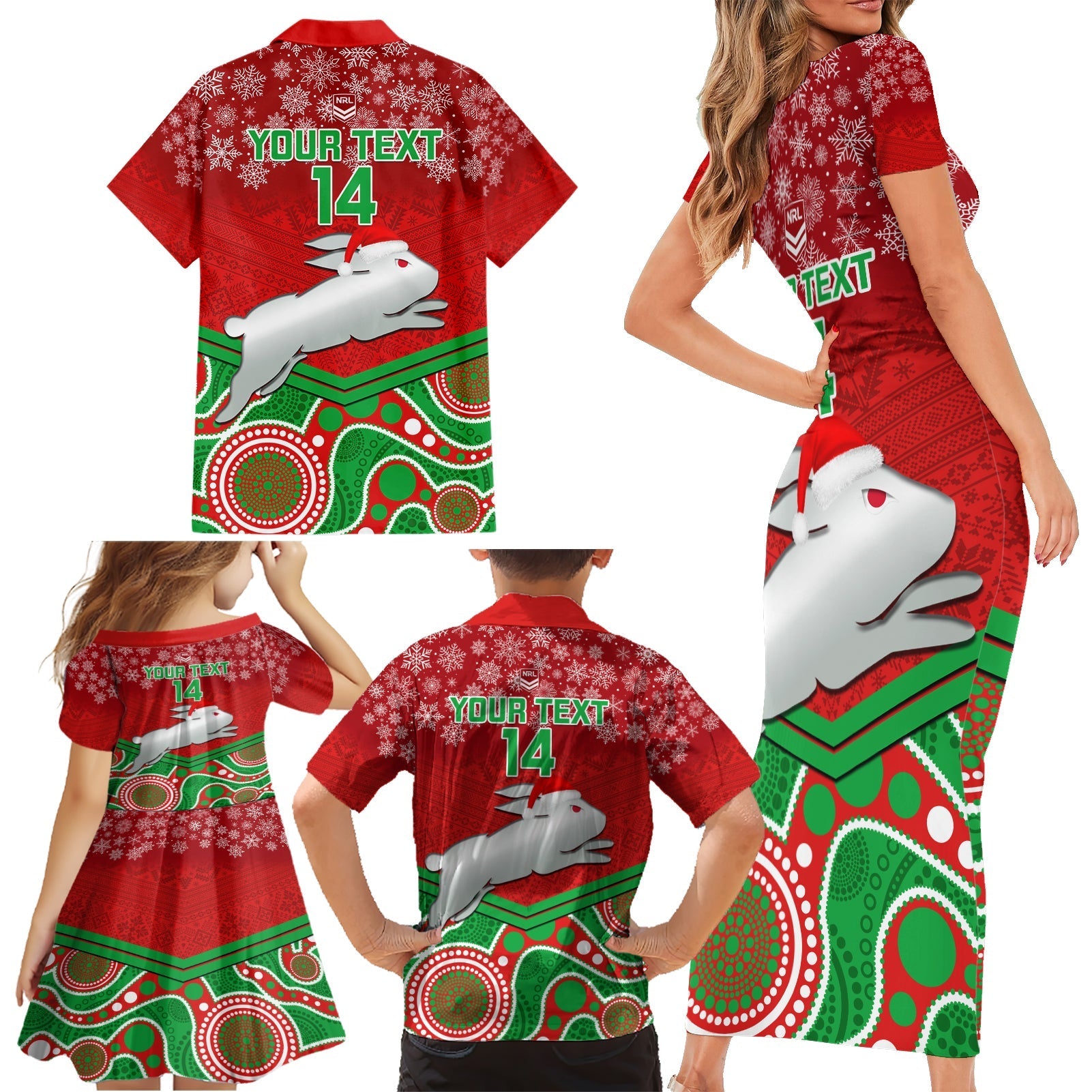 custom-rabbitohs-rugby-christmas-family-matching-short-sleeve-bodycon-dress-and-hawaiian-shirt-merry-xmas-2023-mix-aboriginal-art