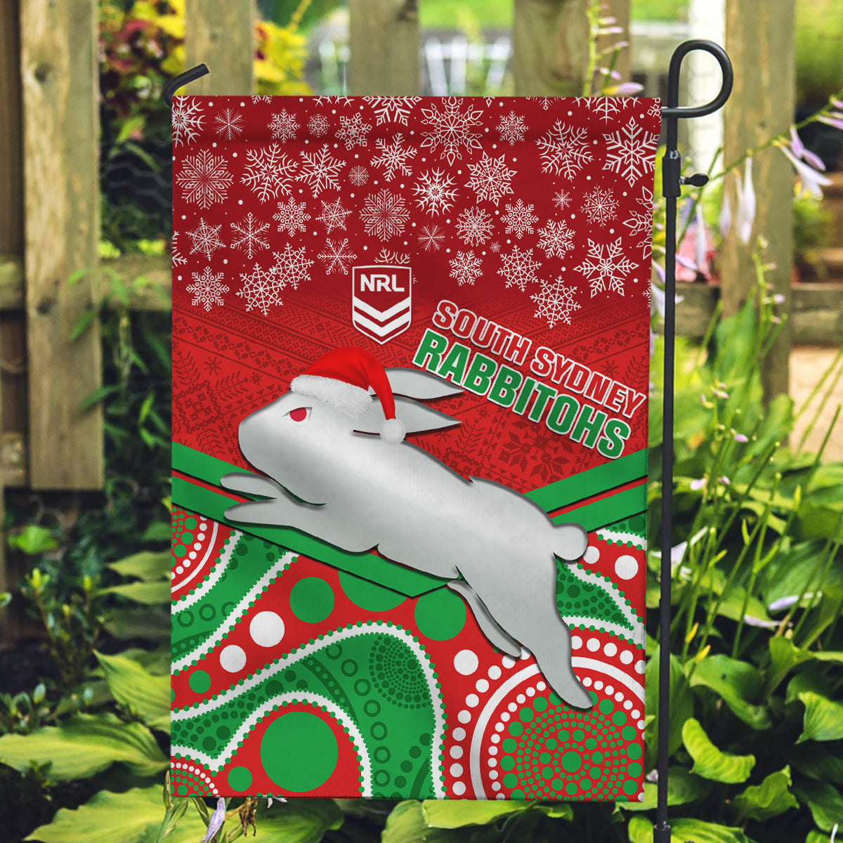 Rabbitohs Rugby Christmas Garden Flag Merry Xmas 2023 Mix Aboriginal Art - Vibe Hoodie Shop