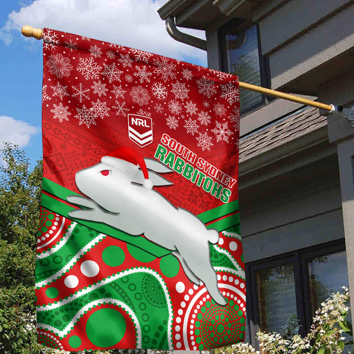 Rabbitohs Rugby Christmas Garden Flag Merry Xmas 2023 Mix Aboriginal Art - Vibe Hoodie Shop